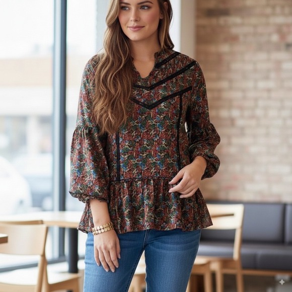 Matilda Jane Tops - Matilda Jane Floral Blouse Women's Long Sleeve Black Lace Trimmed LG